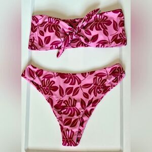Leaf Print Bikini Set Pink Red Two Piece Swimsuit Women’s Large